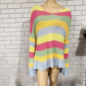 Davi & Dani Rainbow Striped Open Knit Oversized Pullover Sweater | Size 3XL